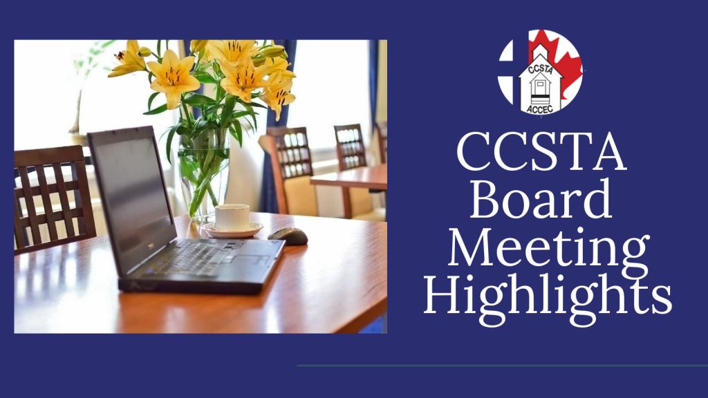Photo of Laptop on desk with text "CCSTA Board meeting Highlights"